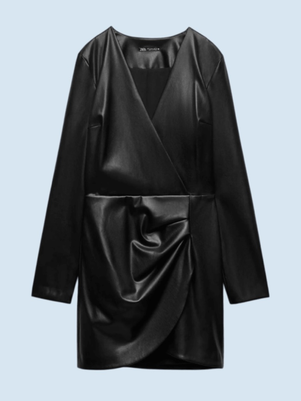 Zara Black Faux-Leather Draped Wrap Mini Dress (L)